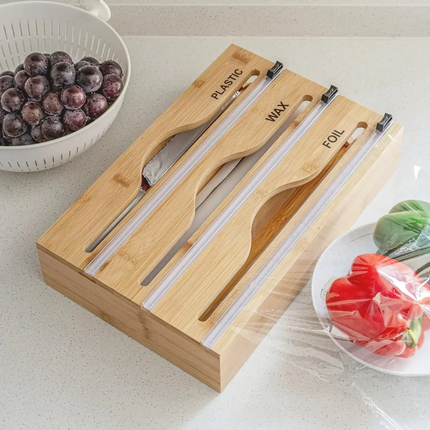 

1pc Cling Film Cutter Minimalist Wall Mounted Wooden Kitchenware Multi Compartment Multi Layer Hidden Scratchers Two Way Cutter