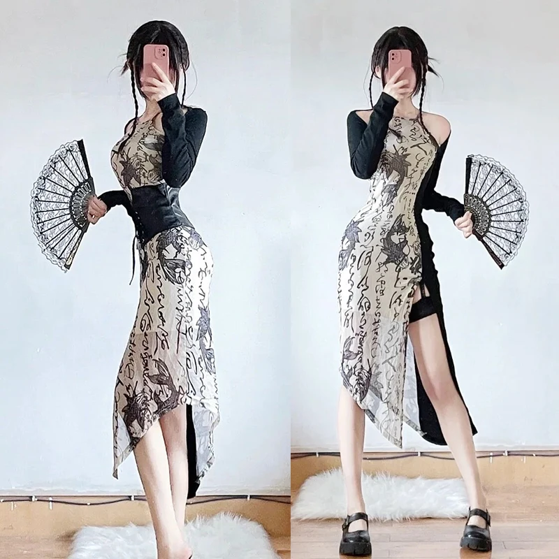 

Сексуальный костюм Ципао с разрезом и принтом, фотография на Хэллоуин, чистый желаемый, пересмотренный, традиционный китайский модный женский доктор