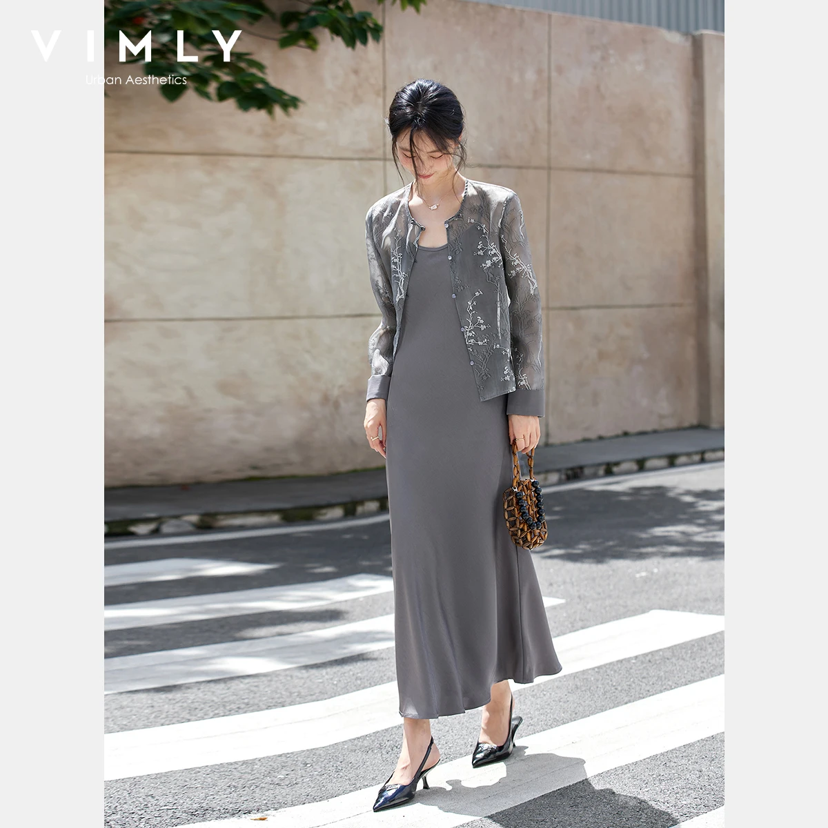 VIMLY 女性のツーピースドレス中国風花刺繍コートロングサスペンダーサテンドレス 2025 秋の女性セット A2683