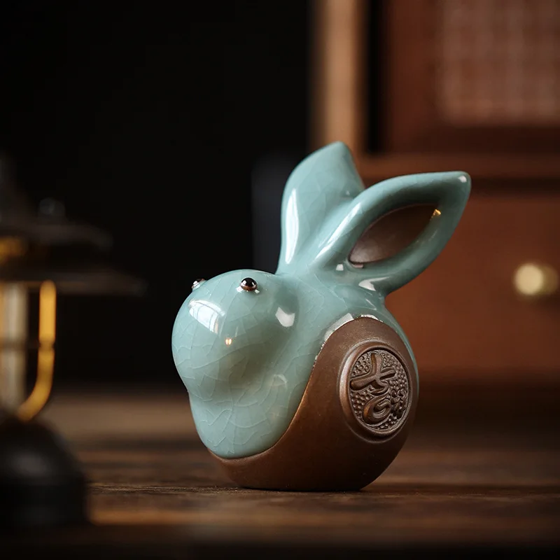 Creative Ceramic Ge Kiln Twelve Zodiac Rabbit Year Small Animal Decoration Cute Bunny Tea Table Tea Ceremony Tea Ornaments Decor