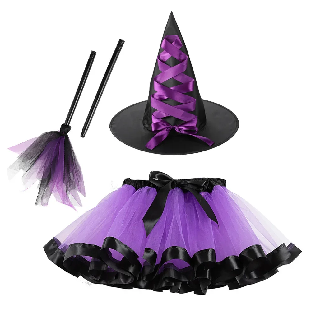 Faldas de tutú con purpurina para niños y niñas, faldas de tul de Ballet de malla con sombrero de bruja, Broomsticks, disfraces de fiesta de Cosplay para niños