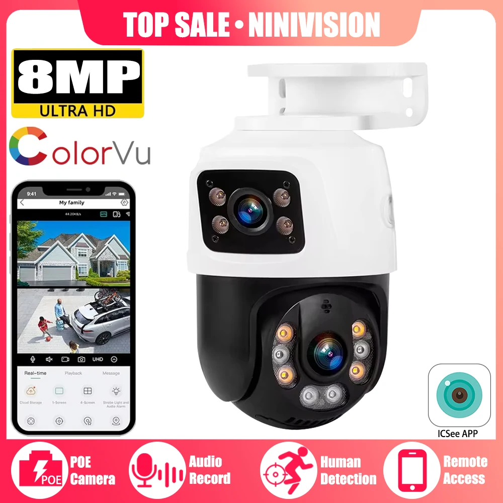 4K 8MP Dual Lens Screen PTZ Outdoor 6MP POE IP Camera Home Security Camera Video CCTV Surveillance Xmeye&ICsee 10CH POE NVR P2P