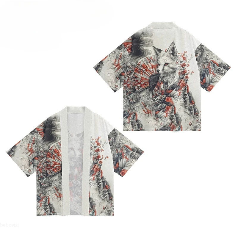 العديد من الأنماط اليابانية إيناري فوكس طباعة كيمونو 2025 الصيف النساء الرجال هاوري المتضخم سترة يوكاتا رداء Harajuku القمم #4