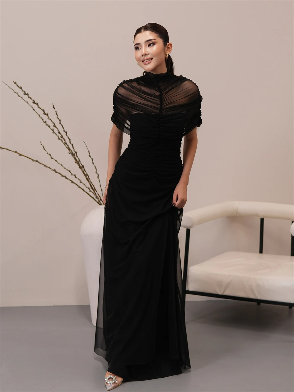 

Изысканные черные тюлевые платья знаменитостей по индивидуальному заказу, элегантное вечернее платье с круглым вырезом и короткими рукавами, темпераментные платья для особых случаев