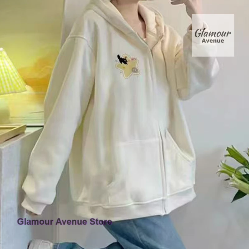 American retro apricot cardigan sweater women's spring and autumn new fashion loose western style casual Joker hooded coat