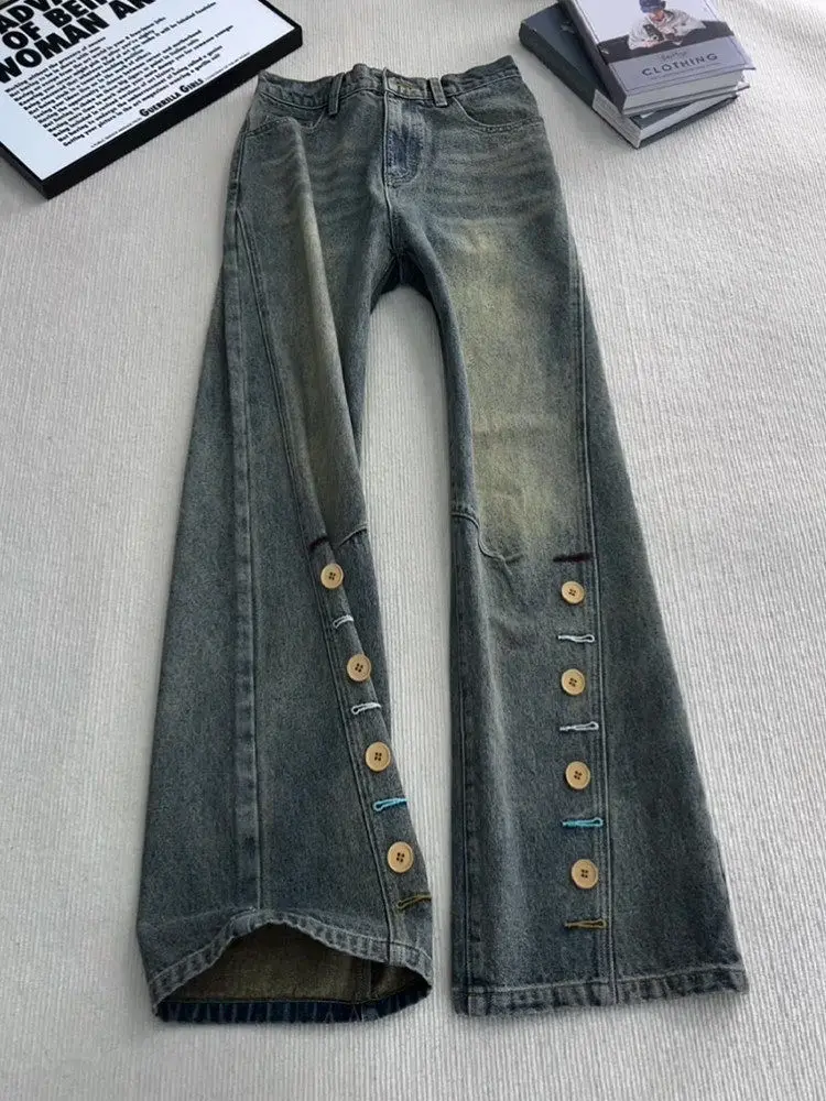 Retro Blue Men's Jeans mid Waist Straight Leg Spring Vibe Style Button Design Loose Fit Casual Denim Pants for Teens