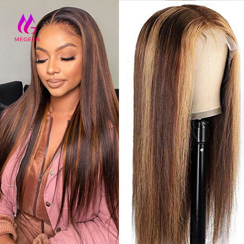 Megeen 100% Human Hair Highlight P427 Colored Straight 13X4 Lace Frontal Wigs Human Hair Pre Plucked Honey Blonde Lace Front Wig