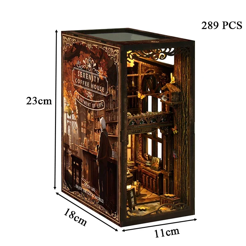 Serenity Coffee House Figurines DIY Wooden Book Nook Miniatures Bookend Handmade Bookshelf for Friends Gifts Home Decor Crafts