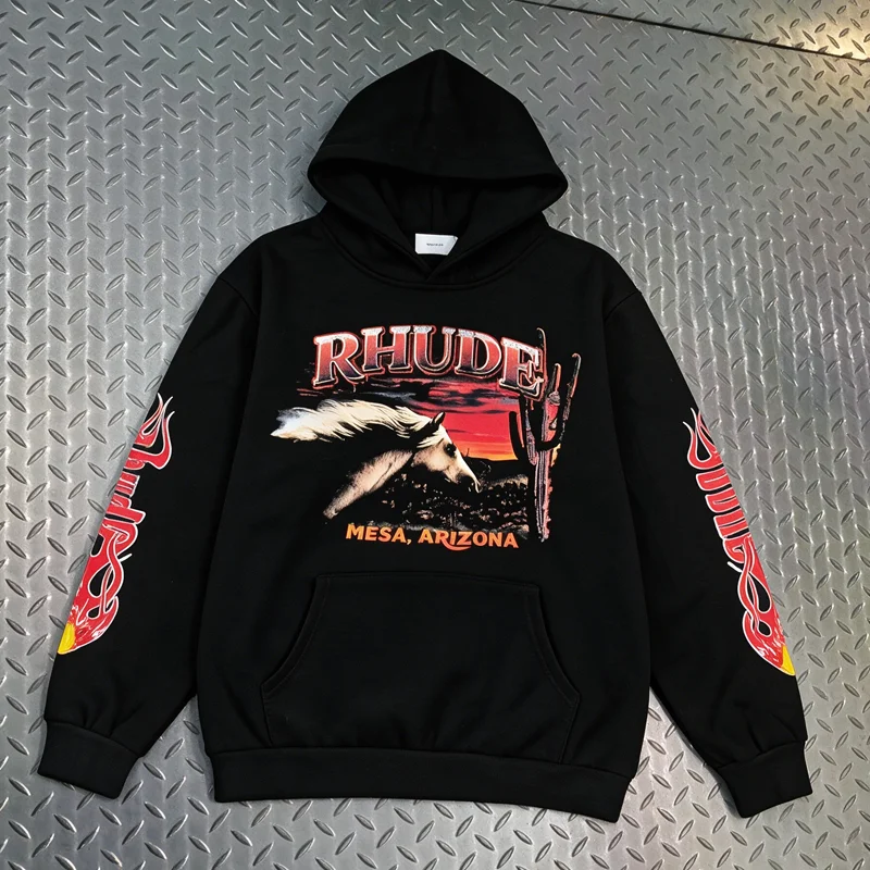 New RHUDE Hoodie High Quality Daily Casual Oversized Style Hooded Sweatshirt Pattern Printed Pullover