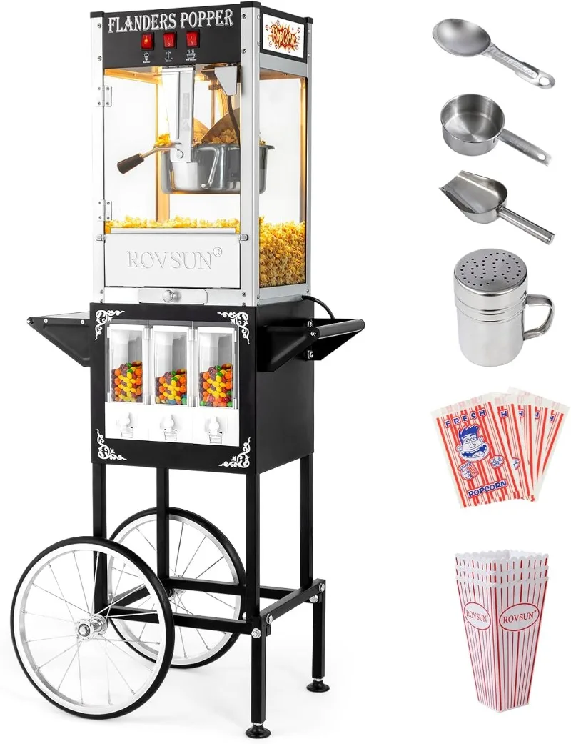 Máquina de palomitas de maíz estilo cine con dispensadores de dulces, carrito y ruedas, tetera de 8 onzas con cuchara para palomitas de maíz, color negro