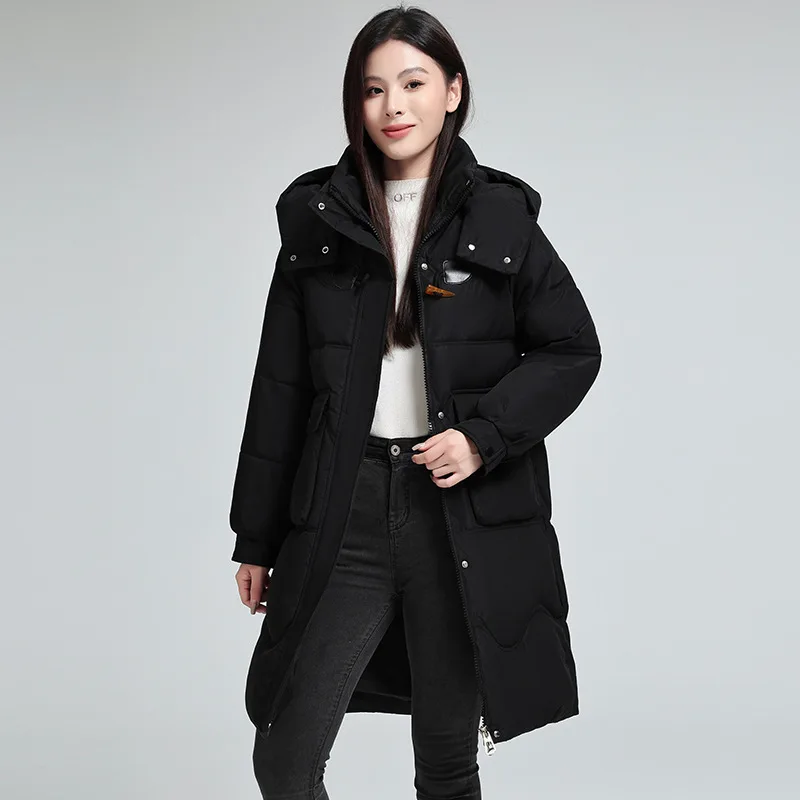 Winter White Duck Down Jacket Women Warm Mid-length Down Jacket Fashion Cow Horn Buckle Hooded Loose Thicked Women's Jackets