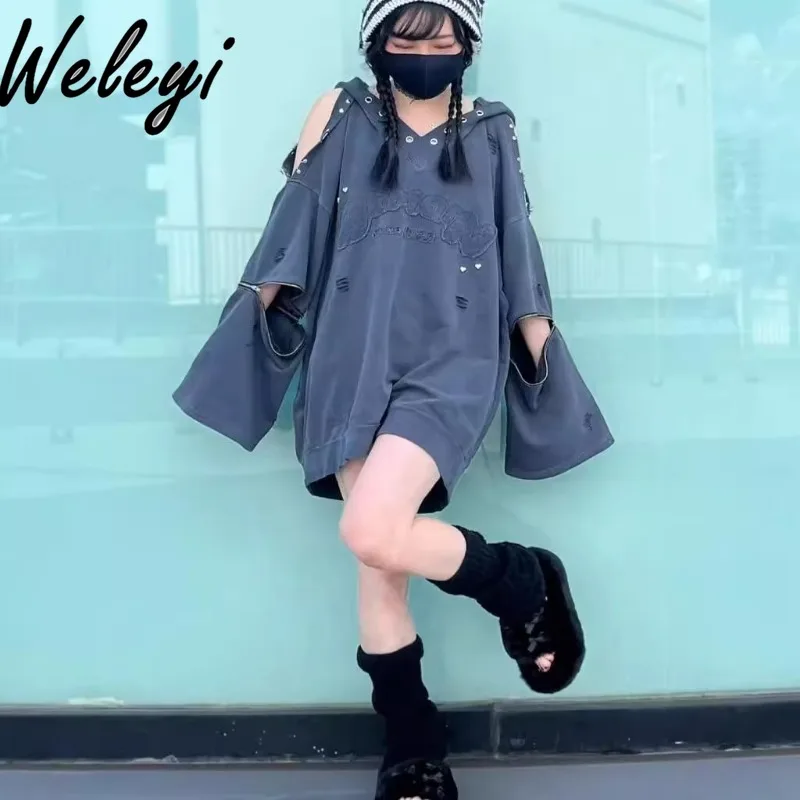 Japanese Kawaii Women's Tops Autumn Mines Heavy Industry Washed Old Patch Hole Hooded Medium and Long Loose Long Sleeve Hoodies