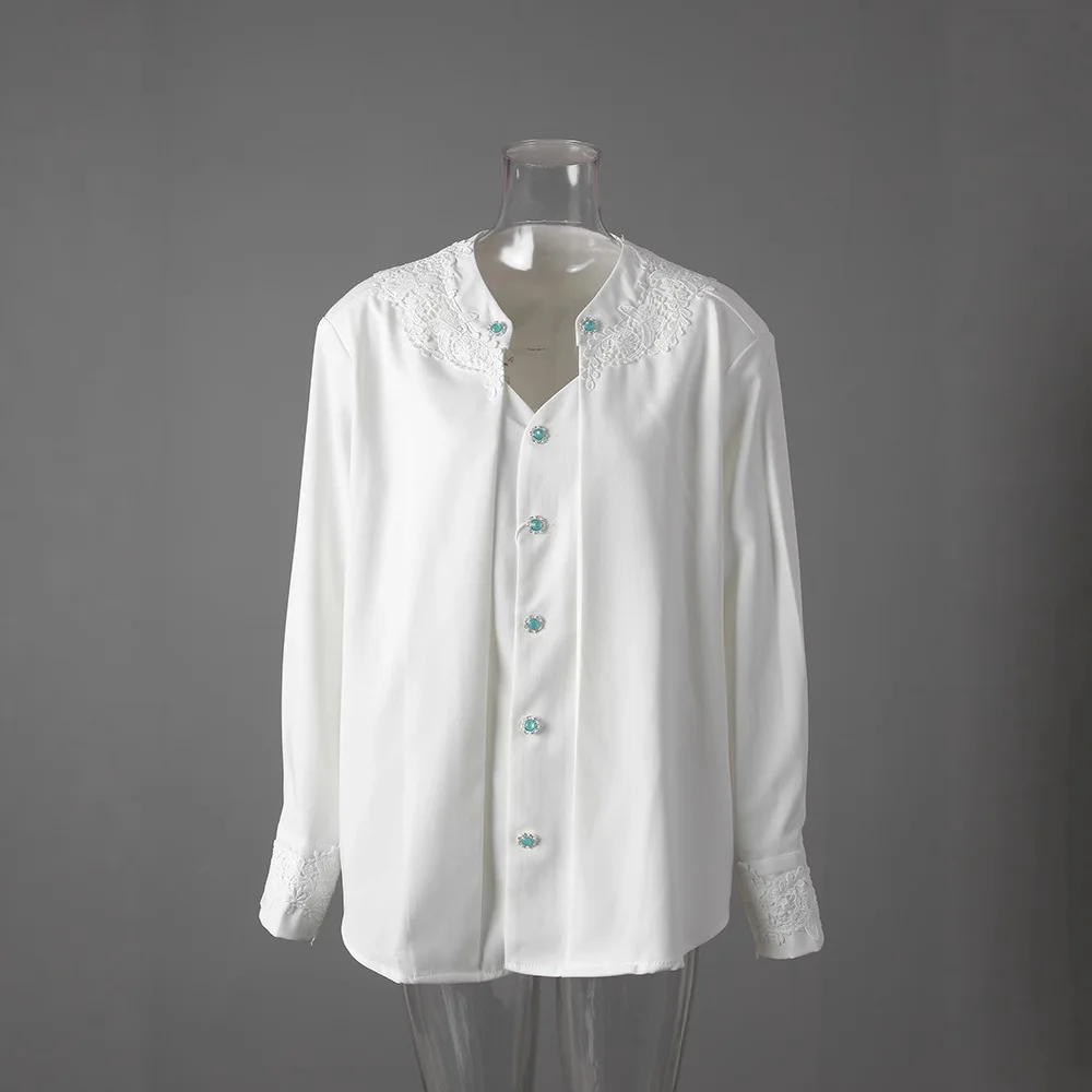 

SuperAen Korean Style Spring 2025 New Lace Embroidery Button Fake Two-piece Top Elegant Loose Shirts