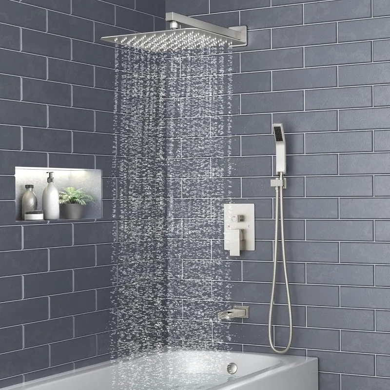 12 Inches All Metal Bathtub Faucet Set Shower System with Tub Spout Square Rain Shower Head and Handheld Combo Shower