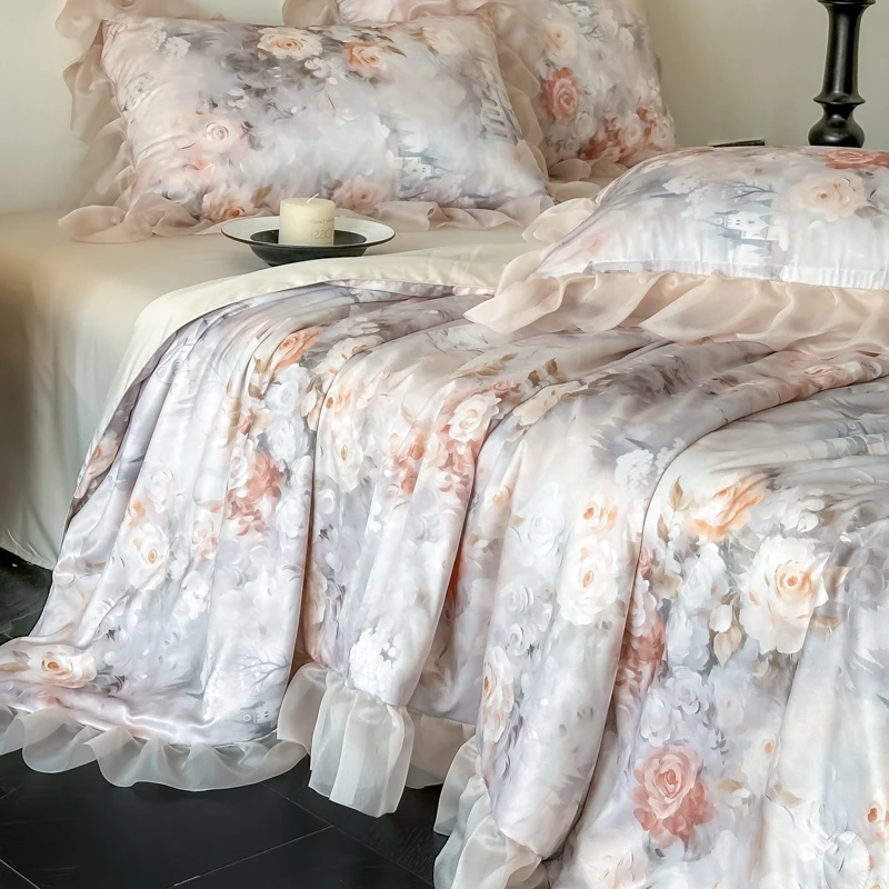 Aanpasbare Franse retro led coole Tencel zomer machinewasbare airconditioner dunne quilt dubbele ijszijde vierdelige set