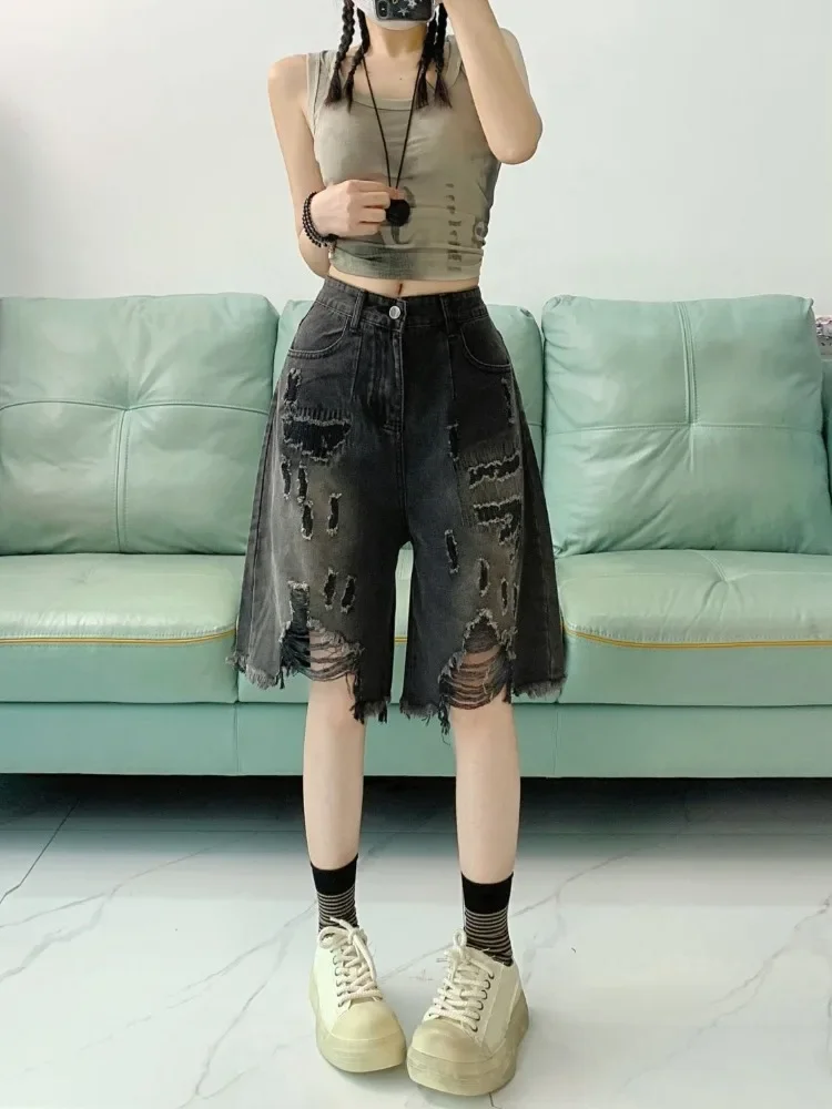 Pantalones cortos vaqueros con agujeros Vintage americanos para mujer, pantalones cortos de pierna ancha de cintura alta de verano, nuevos pantalones rectos sueltos de cinco puntos 2025