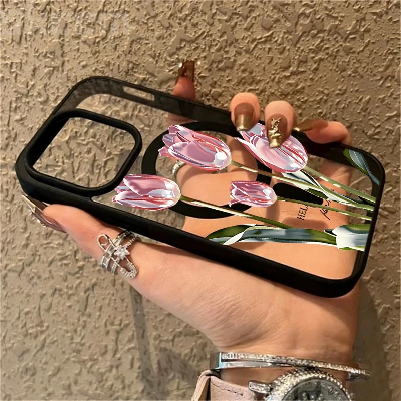 Tulpenblumen-Klarsichthülle für Magsafe iPhone 15 16 Pro Max 17 16 15 14 11 13 12 Pro Max Plus Hüllen Magnetisches Kabelloses Laden Coque – Detail 2