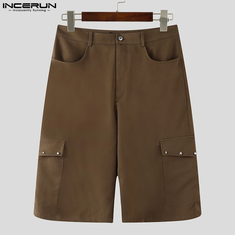 

INCERUN Men Calf-length Pants Solid Color Button Joggers Loose Casual Trousers Men Streetwear 2025 Pockets Fashion Cargo Pants
