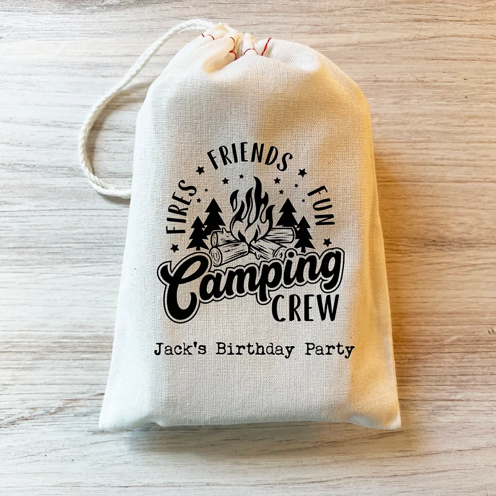 Custom 4Pcs Camping Crew Party Drawstring Favor Bags Children's Birthday Accessories Outdoor Camp Themed Birthday Party Supplies