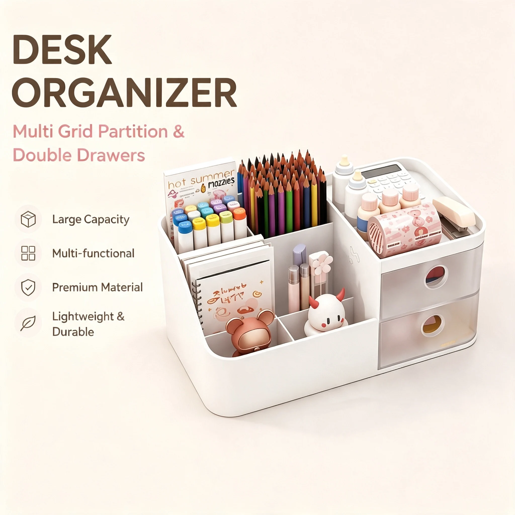 Desk Organizer Pen Holder with Drawers Large Multi Grid Partition Stationery Makeup Organizer for Student Office Bedroom