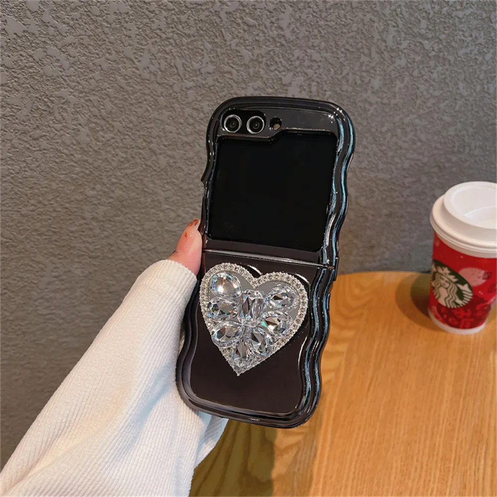 Laser Plating Wave Border Phone Case for Samsung Galaxy Z Flip6 Zflip5 Flip 6 5 4 3 Z Flip3 Heart Shaped Gemstone Stand Cover