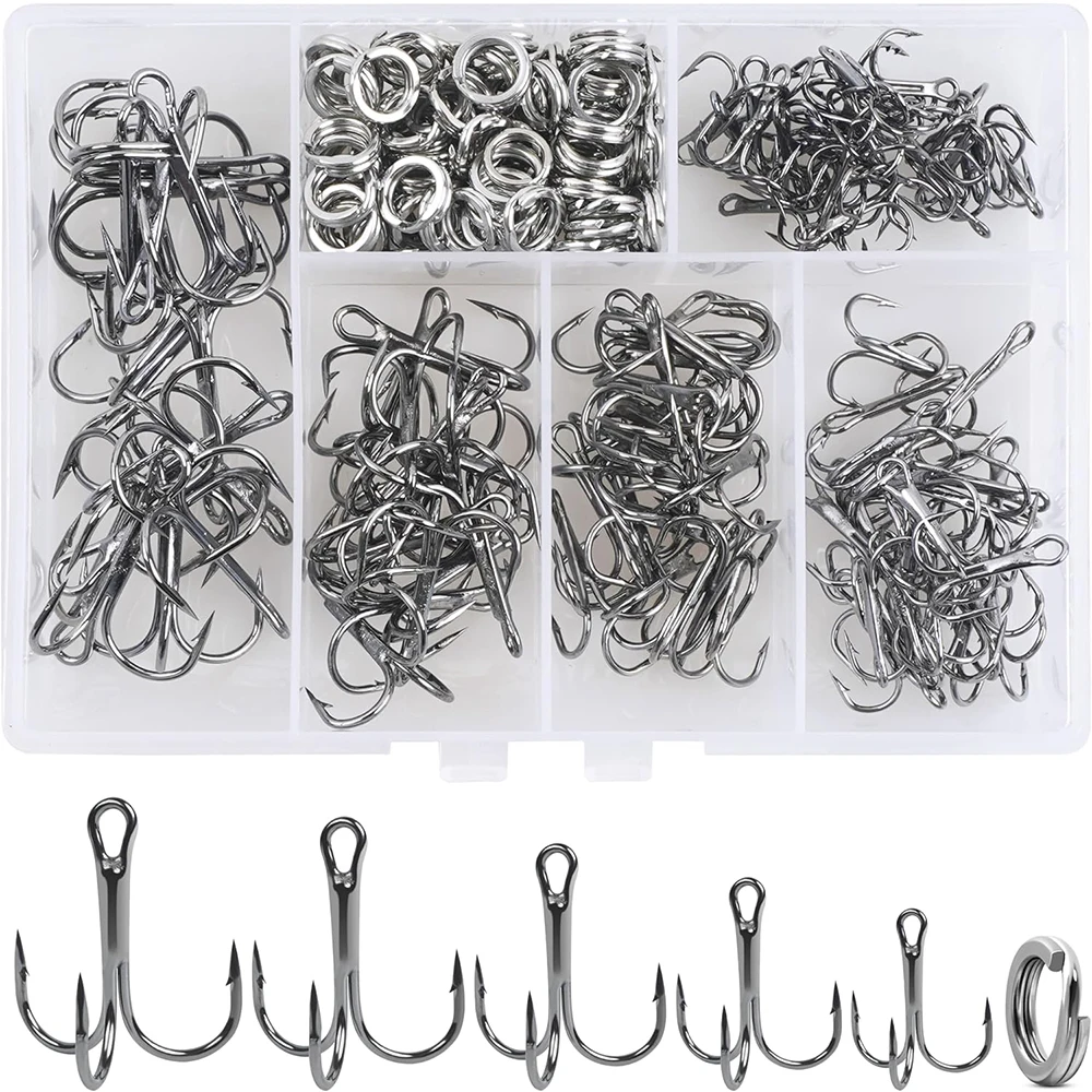 170Pcs Fishing Treble Hooks Kit High Carbon Steel Treble Hook Strong Sharp Round Bend Fishing Triple Hooks with Split Rings