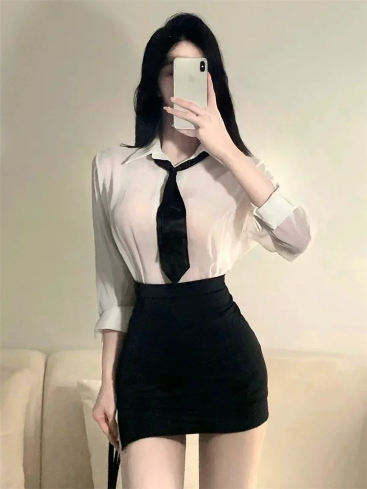 Büro Dame Rollenspiel sexy Dessous Sekretärin erotische Uniform Lehrer Cosplay Kostüm offener BH durch Hemd Mini Bleistift rock sehen