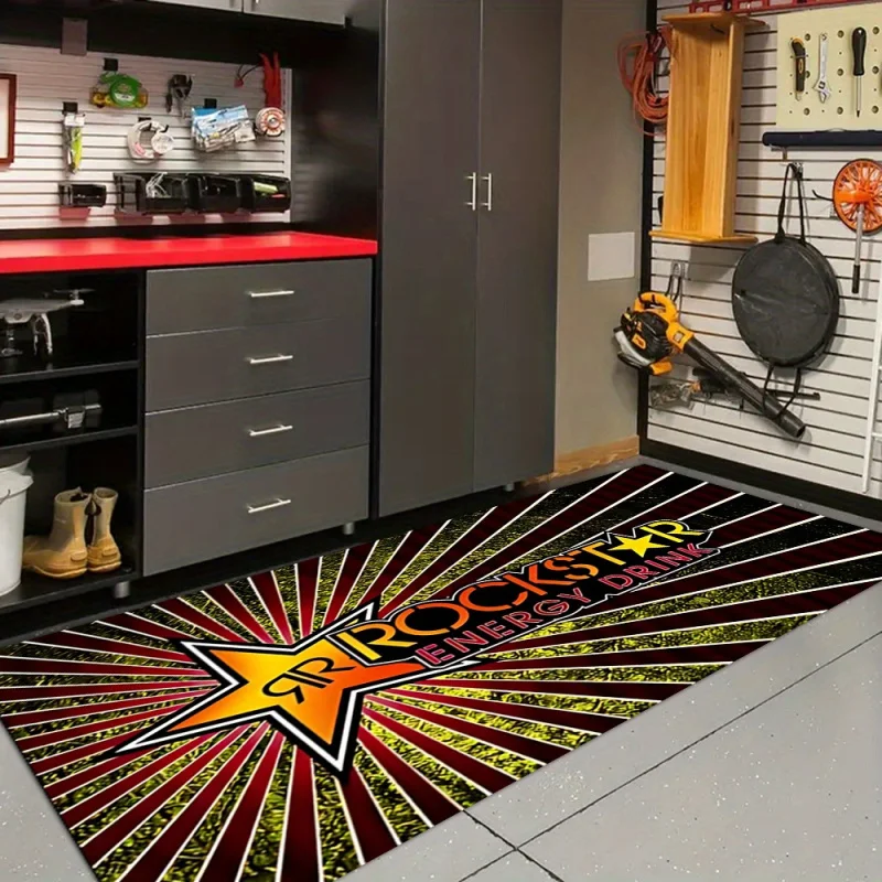 

Коврик для гаража VIKAMA Rockstar Energy, нескользящий моющийся ковер в стиле рок-н-ролл, напольный коврик с принтом Starburst "ROCKSTAR" для гаража и мужской комнаты