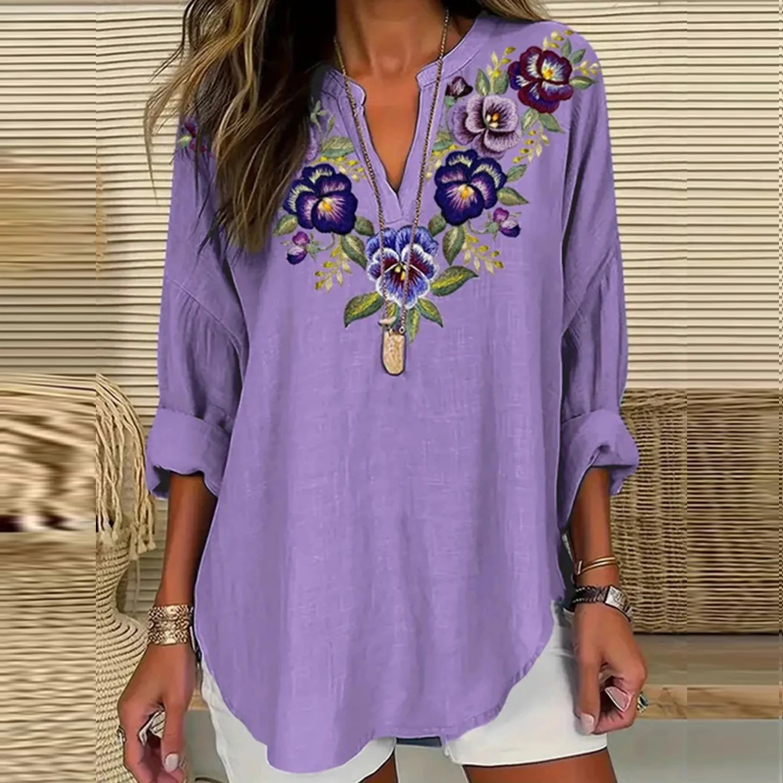 Casual Short Sleeved Sheer Blouses Women Women\'S Fashion V Neck Long Sleeved Purple Floral Printed Top Plus Size Ruffled Tunic