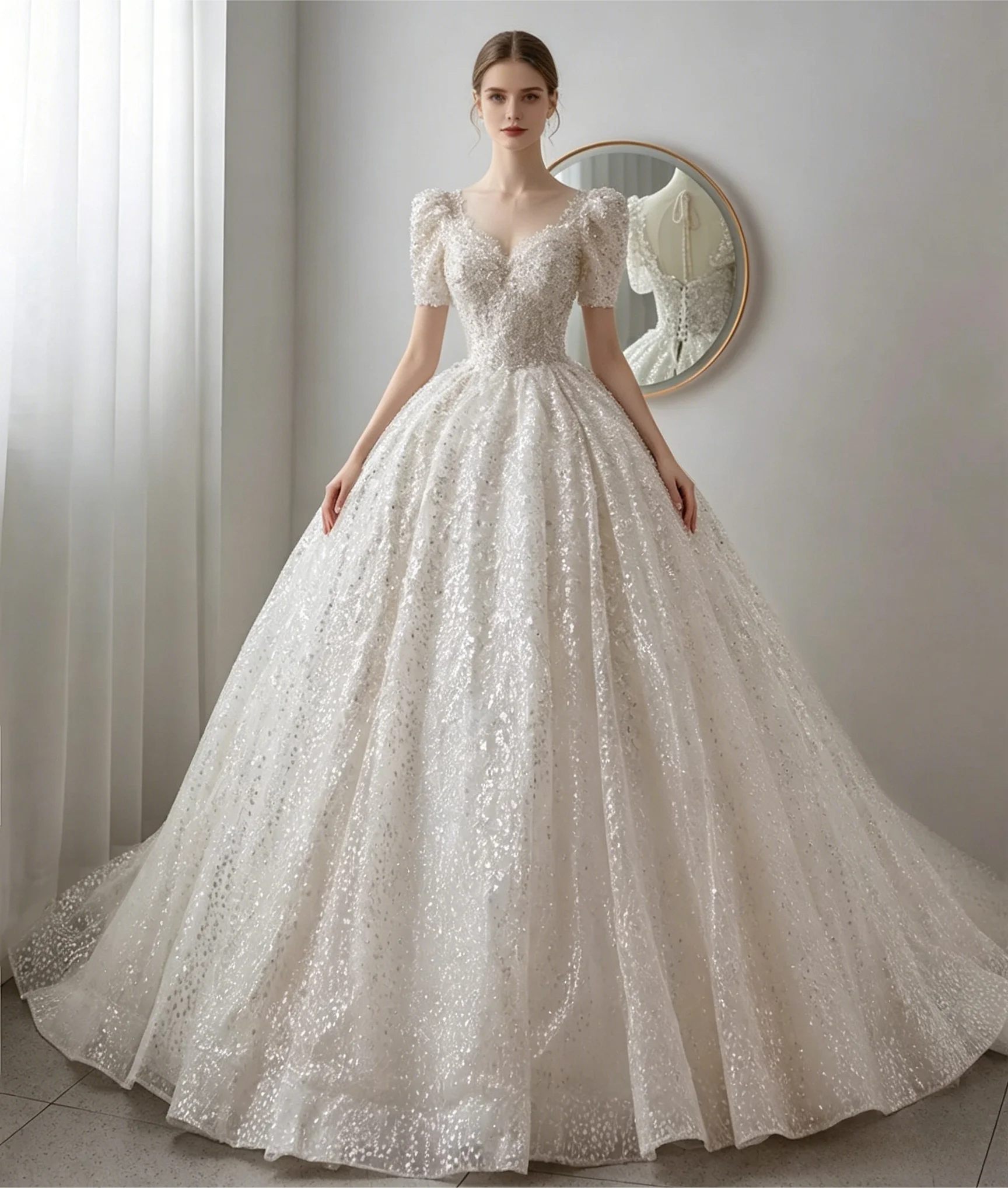 Customized New Round Neck Bubble Short Sleeve Bridal Dress Sparkling Beaded Small Train Elegant Evening Banquet Wedding Gown