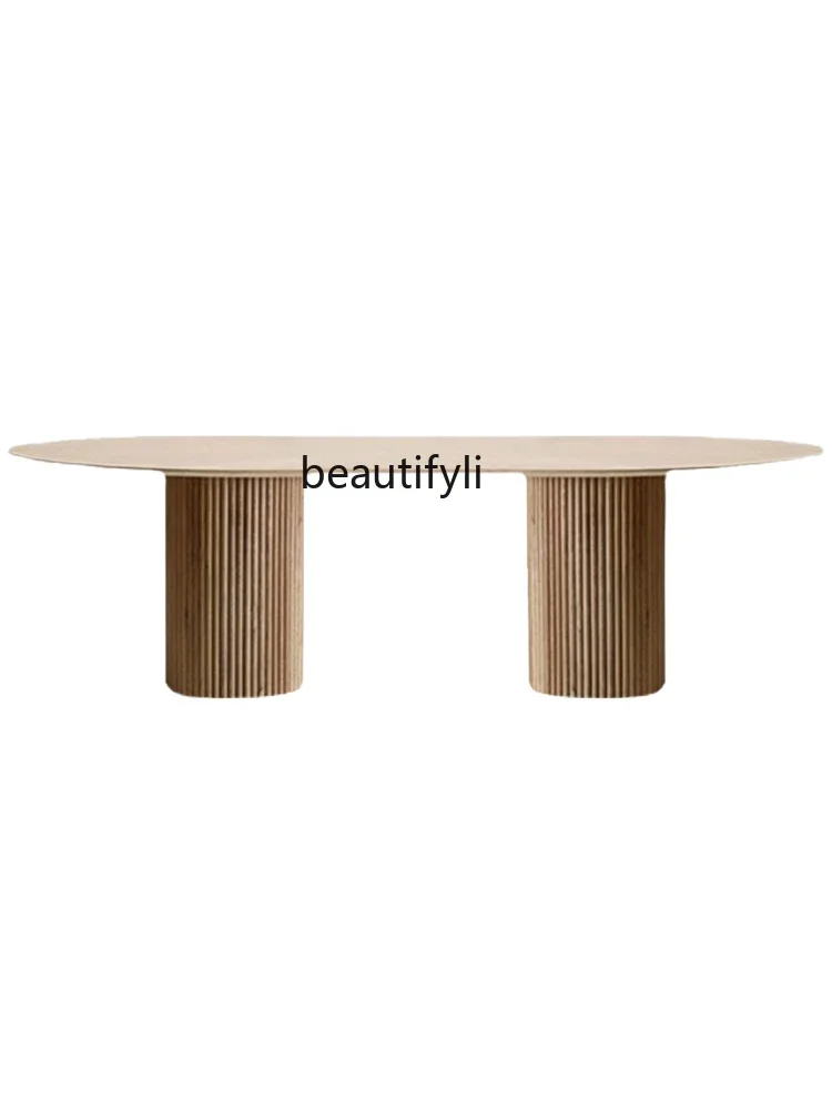 

Oval solid wood dining table and chair combination long table Roman column simple log designer dining tableAA