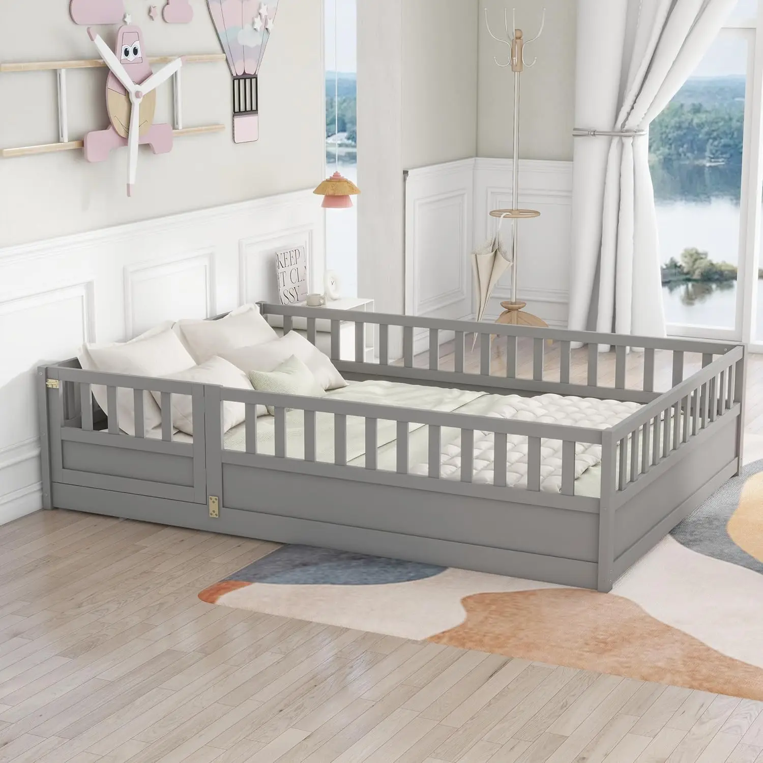 Full Size Montessori Floor Bed, Solid Wood Playhouse Bedframe with Safety High Fence for Kids, Girls, Boys, Bedroom, Playroom