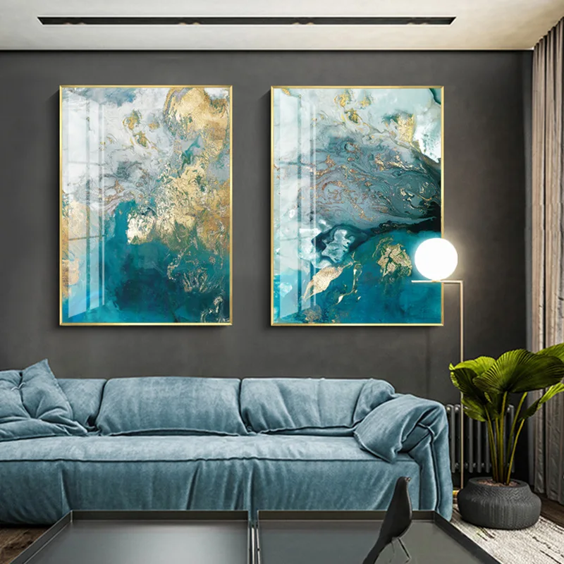 Abstraktes Aquarell, blau, goldenes Rendering, modernes dekoratives Bild, Leinwand, Wandkunst, Poster für Wohnzimmer, Büro, Dekoration