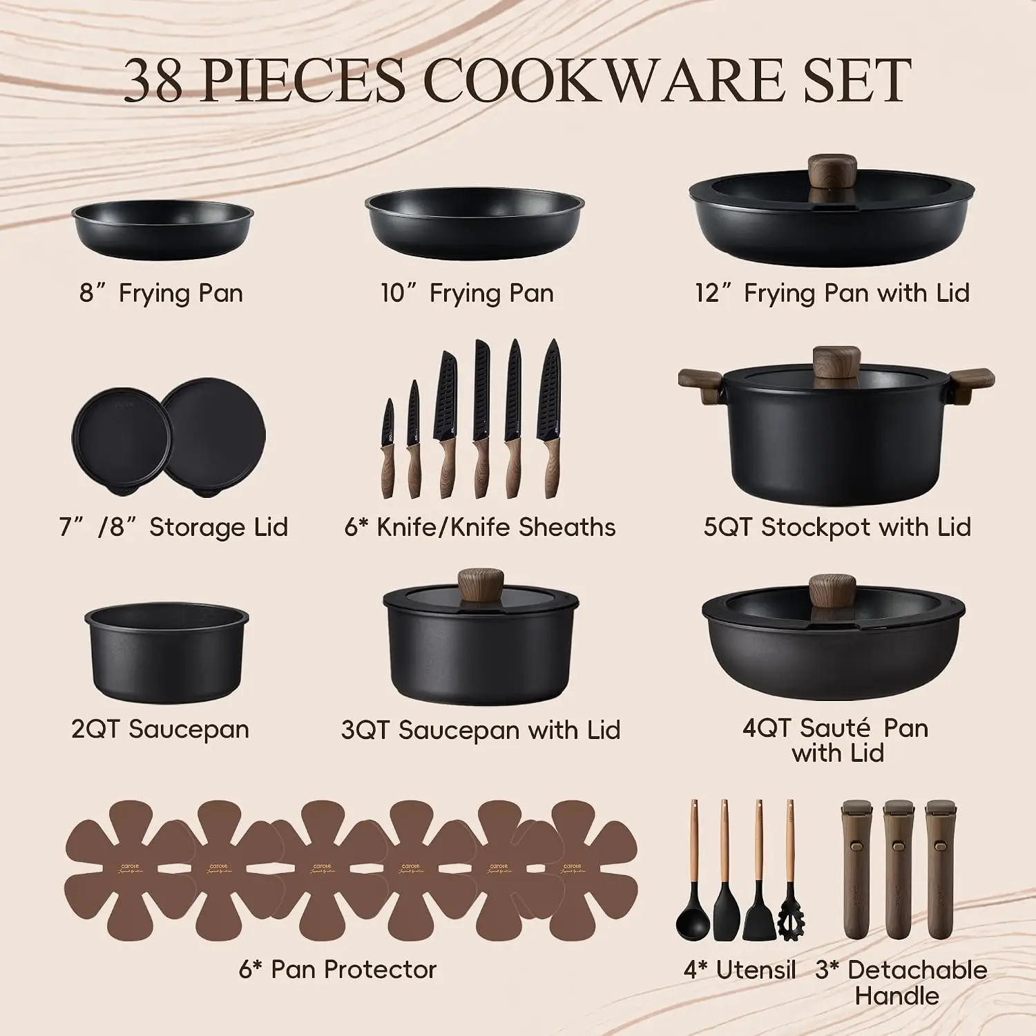 38pcs Pots and Pans Set Non Stick, Cookware Set Detachable Handle