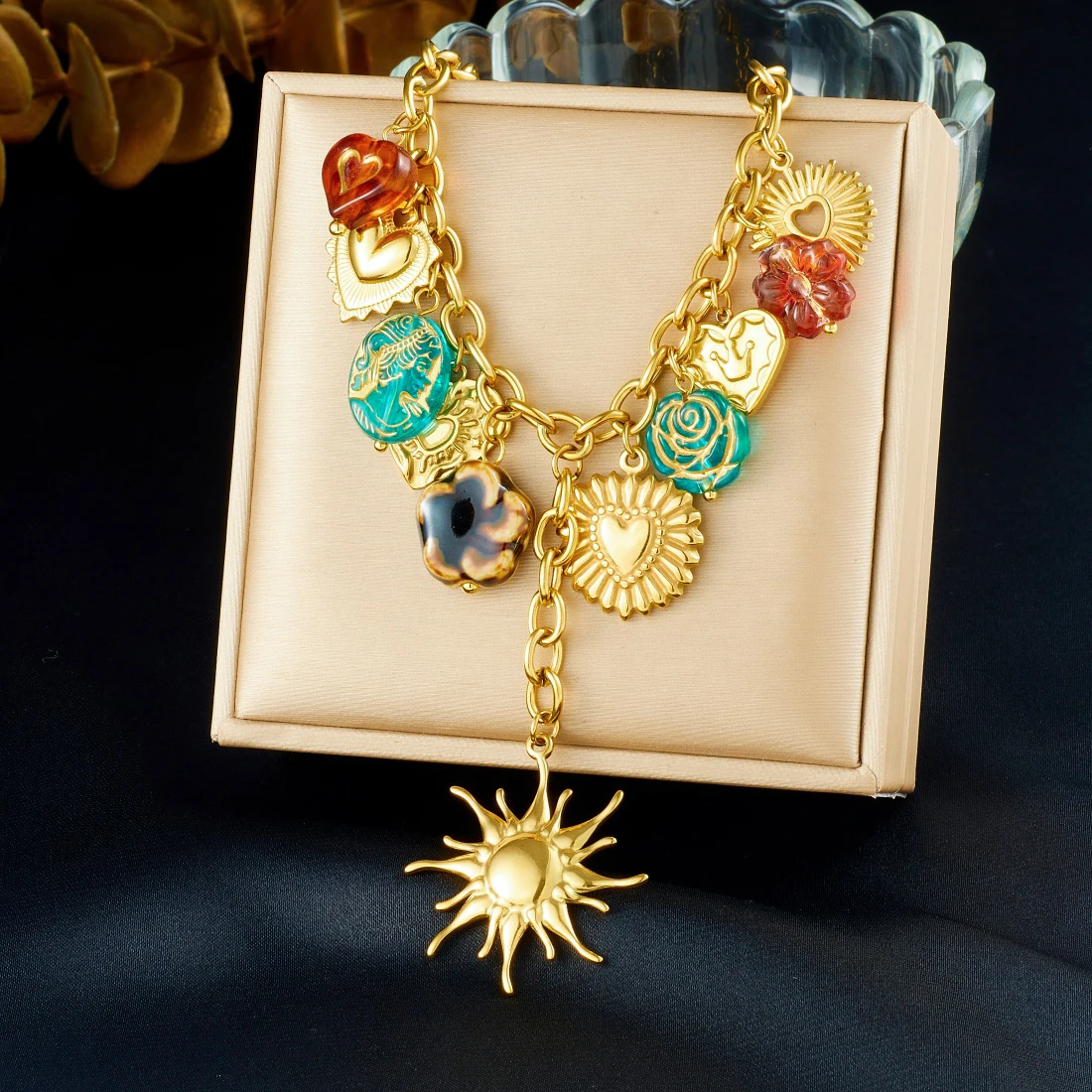 DIEYURO 316L الفولاذ المقاوم للصدأ الاتجاه الملونة غير النظامية القلب الذهبي الشمس قلادة قلادة سيدة مجوهرات مقاومة للماء براقة #6