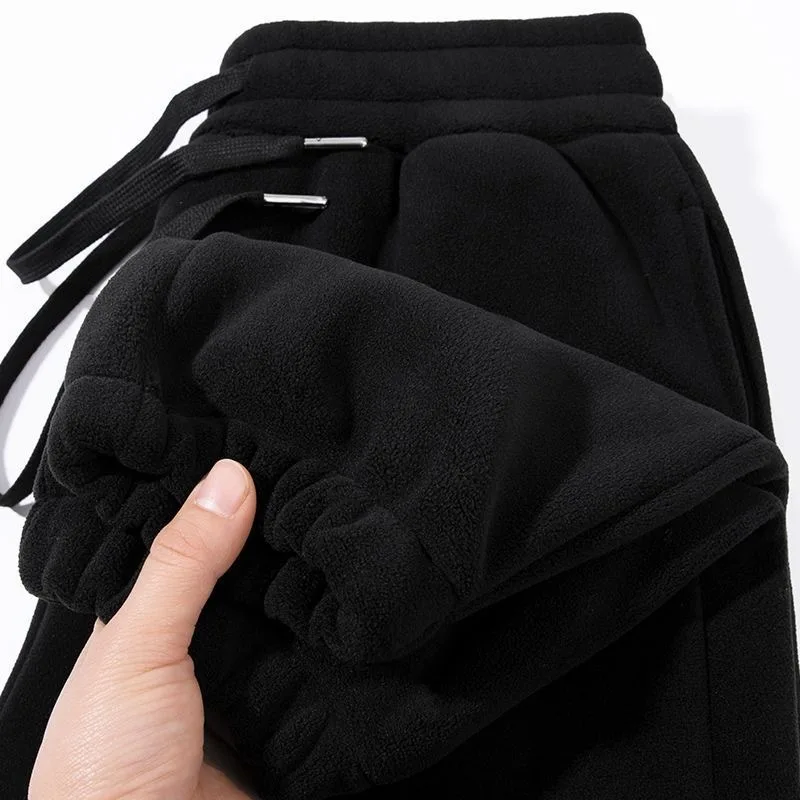 Men's Fleece Lined Trousers Winter Wearable Thickened Durable Cuffed Pants Youth Fashion Loose Fit mid High Waist Long Trousers