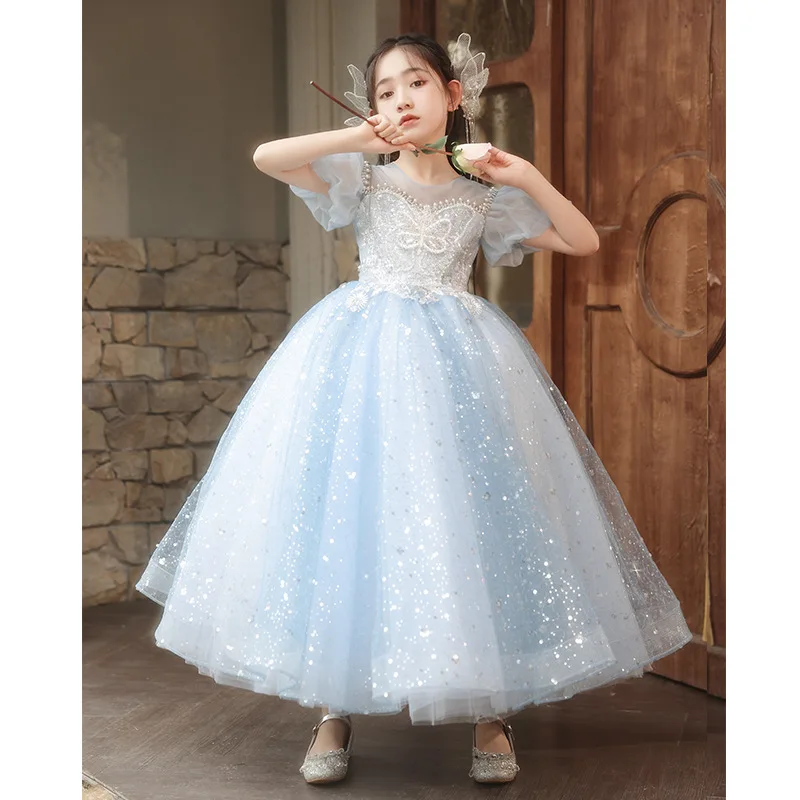 High end Girl Princess Dress Butterfly Pearl Beaded Blue 2024 Girl Wedding Dress Bridesmaid Children's Birthday Party Long Dress