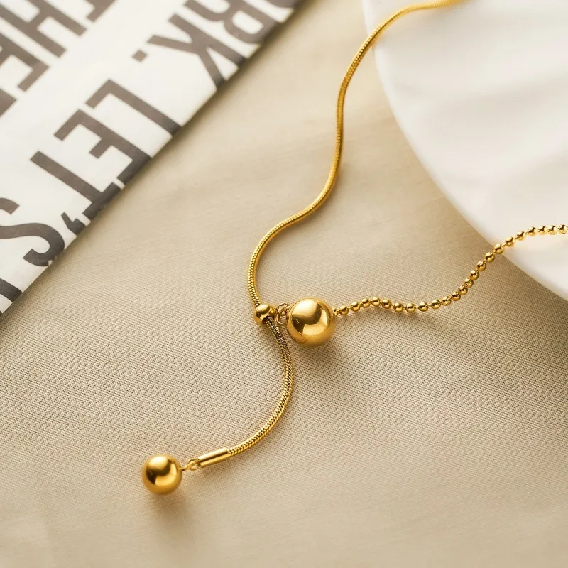 Fashion Luxury Adjustable Gold Color Stainless Steel Gold Balls Spliced Chain Necklace for Women Sweater Chain Jewelry Colorfast