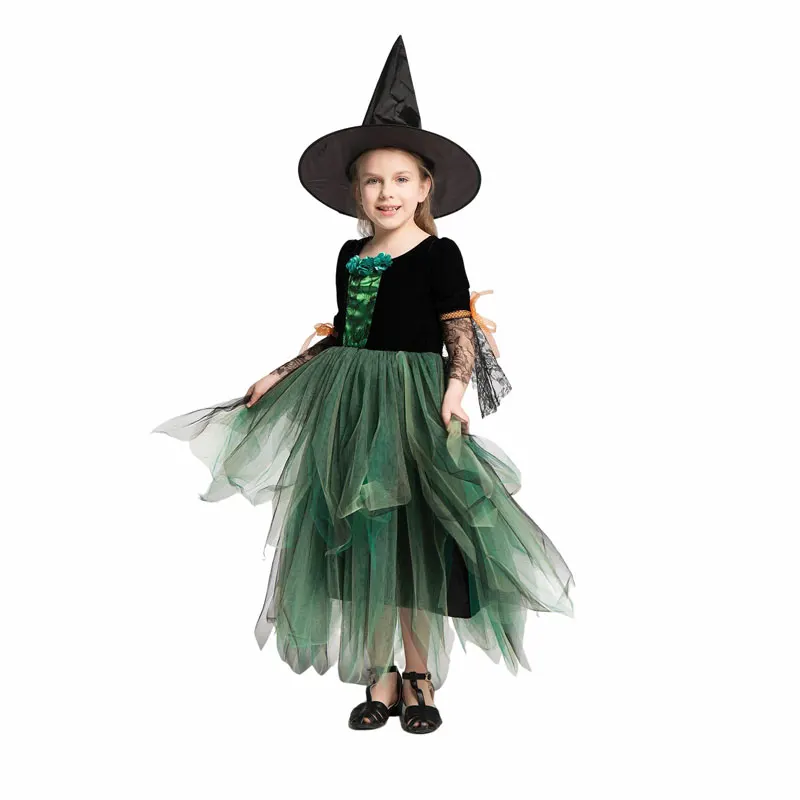 Girls Witch Costume Dress With Hat Set Toddler Halloween Fancy Dress Princess Tutu Tulle Dress Kids Fairytale Green Cosplay