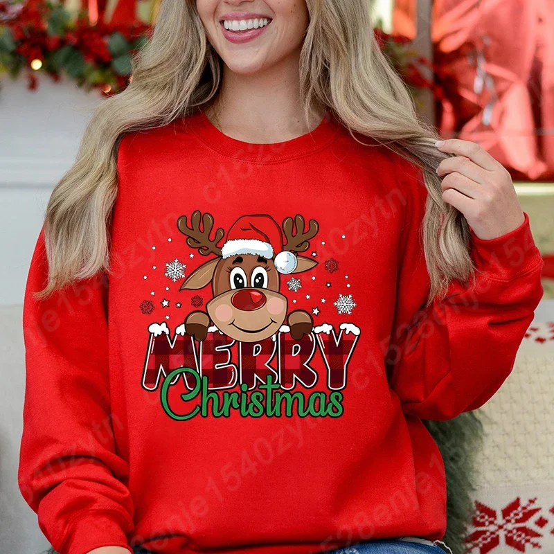 Women's Festive Christmas Reindeer & Plaid Graphic Sweatshirt Casual Loose Fit Long Sleeve Crew Neck Sweatshirts for Winter