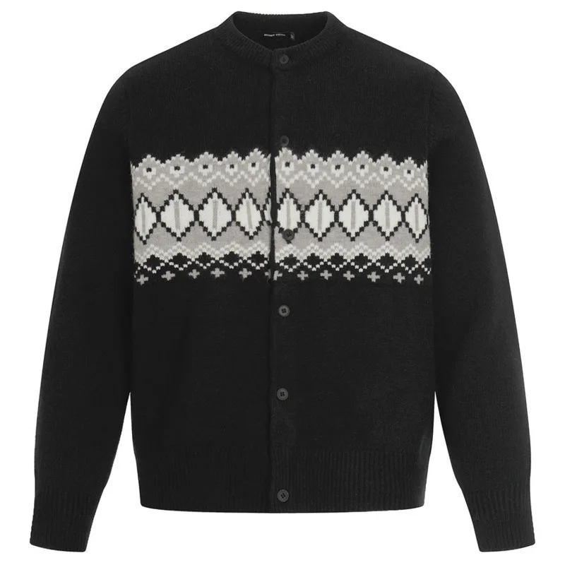 Men Fashion Street Trendy Round Neck Single breasted Cardigan Jacquard Color blocked Ethnic Style Long sleeved Knitted Sweater
