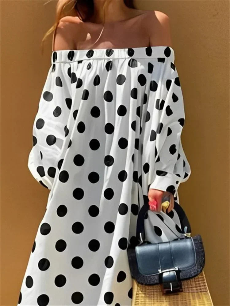 Lemongor Female Stylish Polka Dot Off-the-shoulder Vacation Dresses 2024 New Spring Long Sleeve Loose Casual Korean Dress