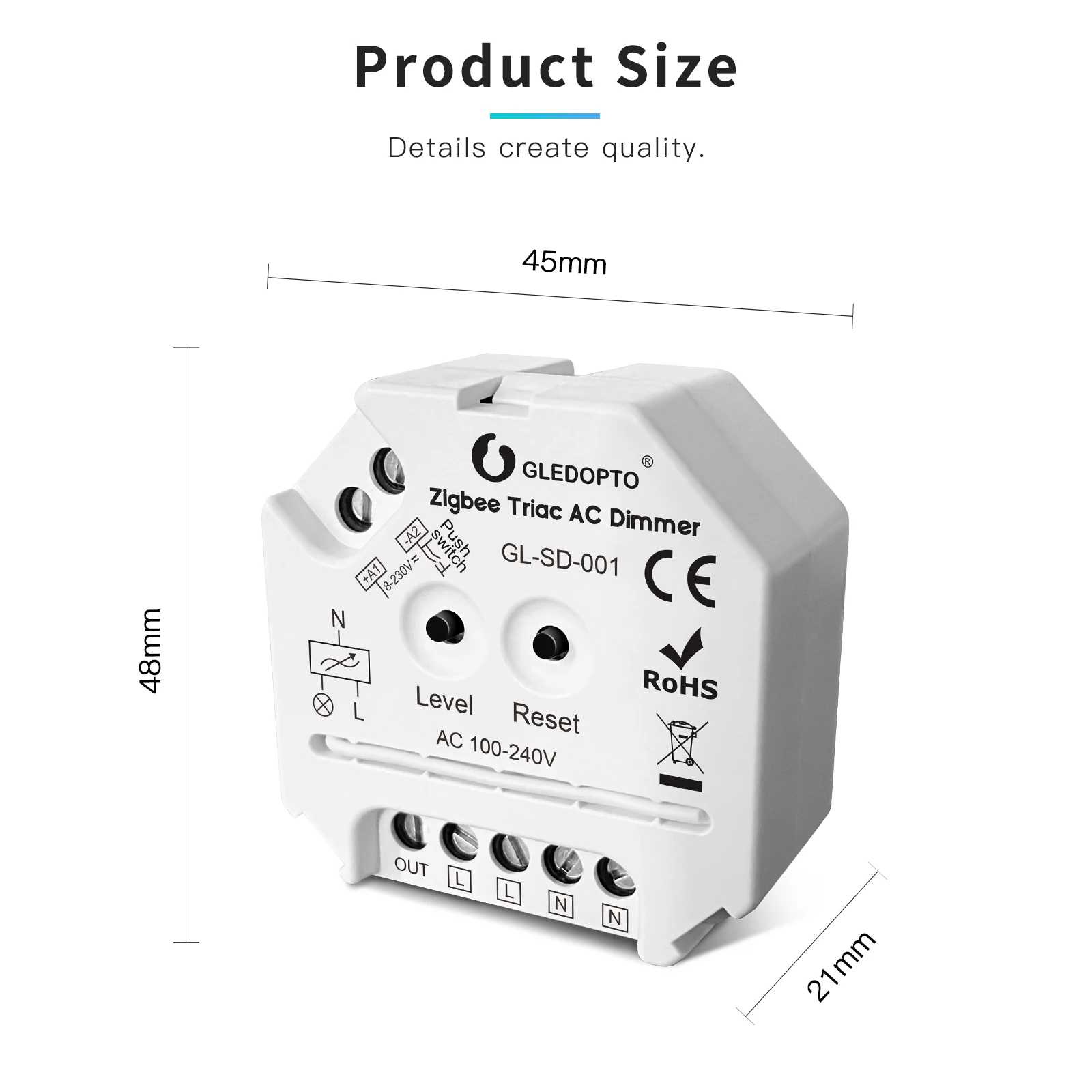 GLEDOPTO Zigbee AC Triac Dimmer Dimmable Push Switch Module Compatible With 2.4G RF Remote Control Mini Smart Light Dimmer 220V