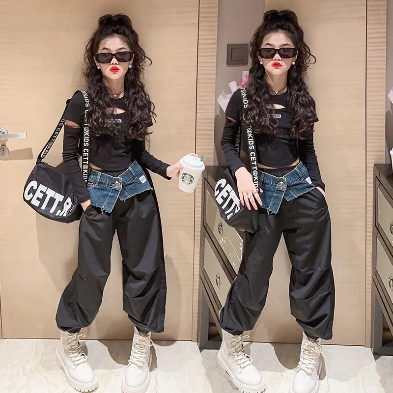 

Hip Hop Kids Clothes Girls Sets Slim T-Shirt Tops High Waist Black Denim Wide Leg Pants Jazz Girl Dance Suits Spring Autumn 2024