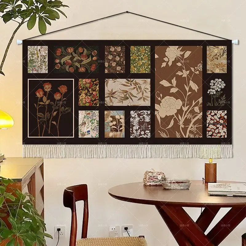 VIKAMA Vintage Collage Floral Tassel Tapestry Retro Botanical Patchwork Wall Hanging Aesthetic Bedroom Living Room Home Decor