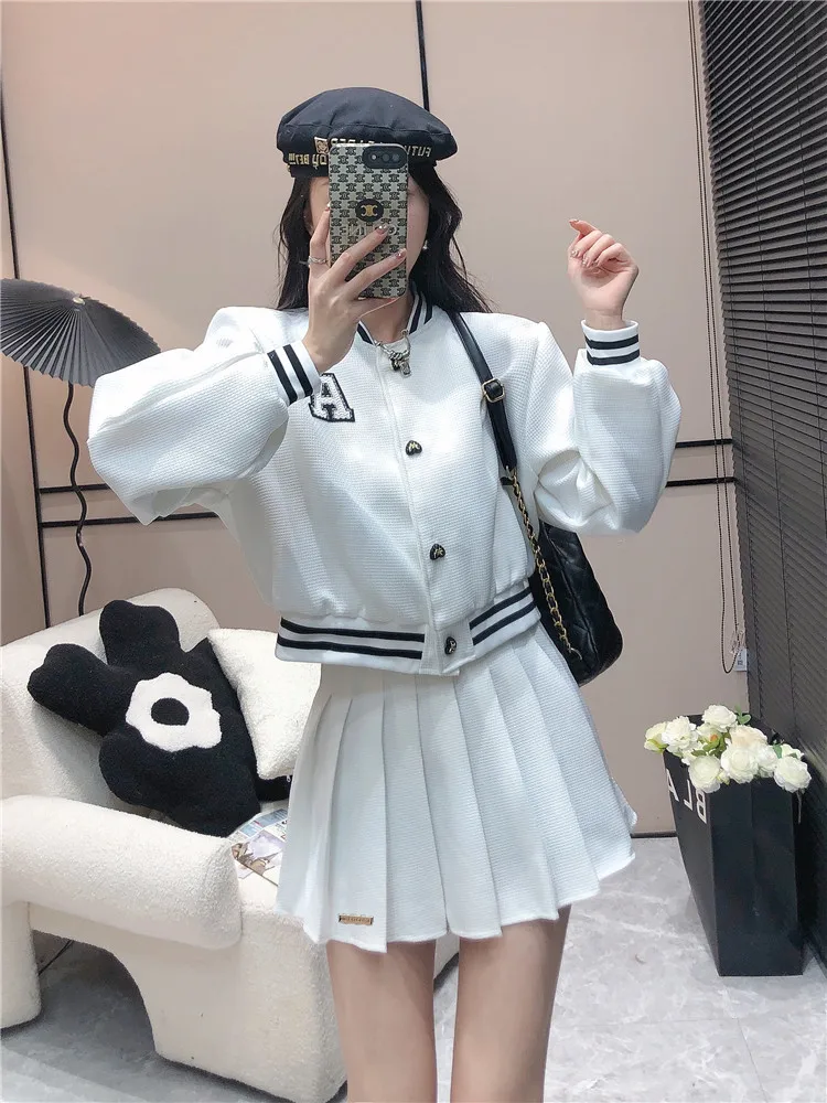 Gothic Cropped Baseball Jackets + Pleated skirt Suits Women Two piece sets Fashion Streetwear Vintage Aesthetic Bomber Autumn