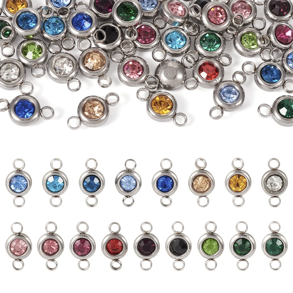 

34Pcs 304 Stainless Steel Rhinestone Connector Charms Flat Round Links Pendant For Jewelry Making DIY Handmade Bracelet Necklace