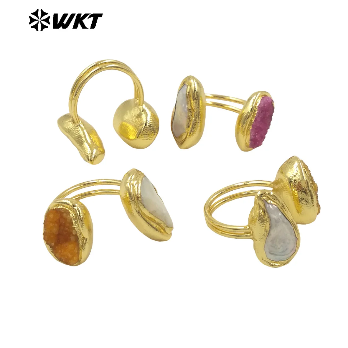 WT-MPR118 Pink And Orange Color Natural Druzy Quartz& Pearl In 18k Gold Plated Good Quality Ring For Friends Fine Gifts