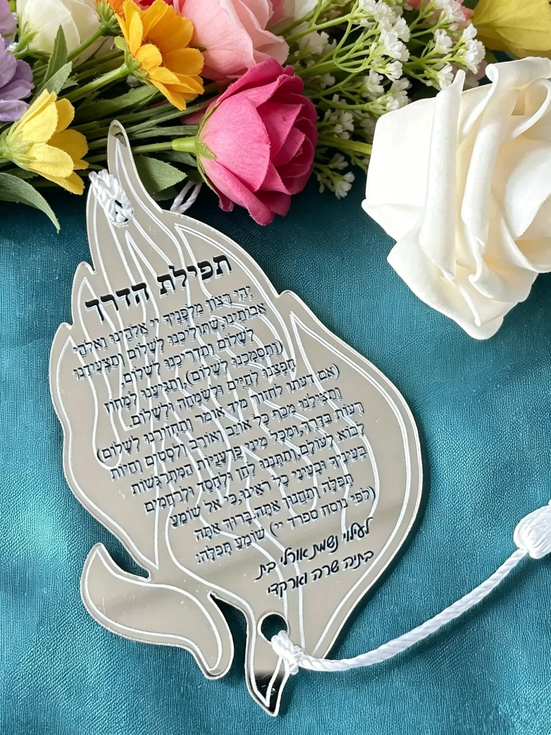 

Custom Mirror Silver Gold Flame Design Blessing Small Invitation Card with Pendant Laser Cut Road Prayer Card Hanging in Card