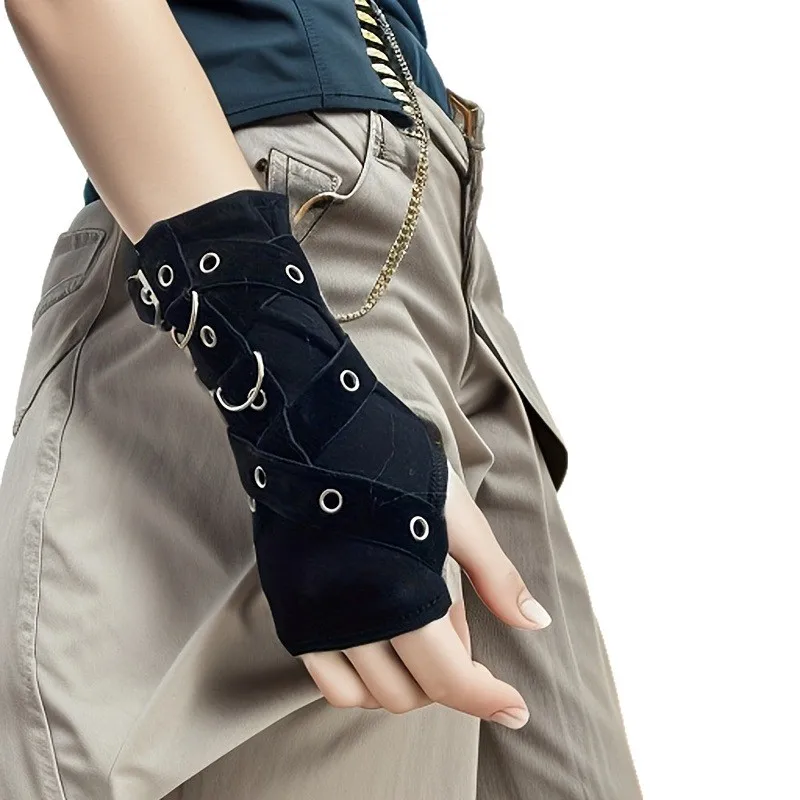 قفازات نصف اصبع داكنة للنساء قفازات قوطية سوداء بدون أصابع بأكمام قصيرة هاراجوكو فتاة حارة فردية متخصصة